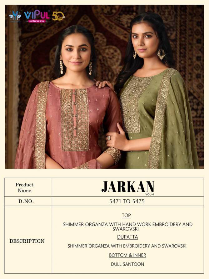 Jarkan Vol 4 By Vipul Shimmer Organza Embroidery Salwar Kameez Wholesale Shop In Surat
